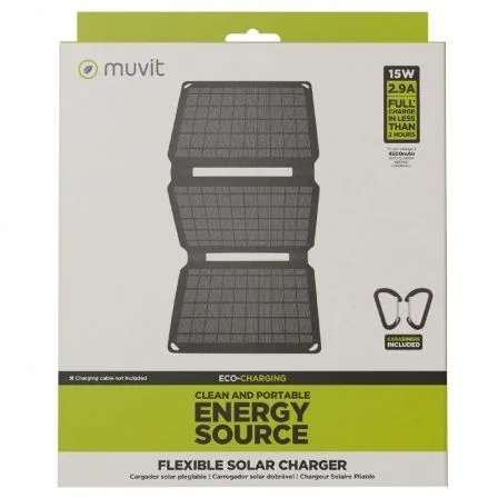 Muvit MCSCH0002 Panel Solar Portátil 15W, USB, Carga Rápida y Eficiente, Diseño Plegable y Ligero, Resistente al Polvo y Agua